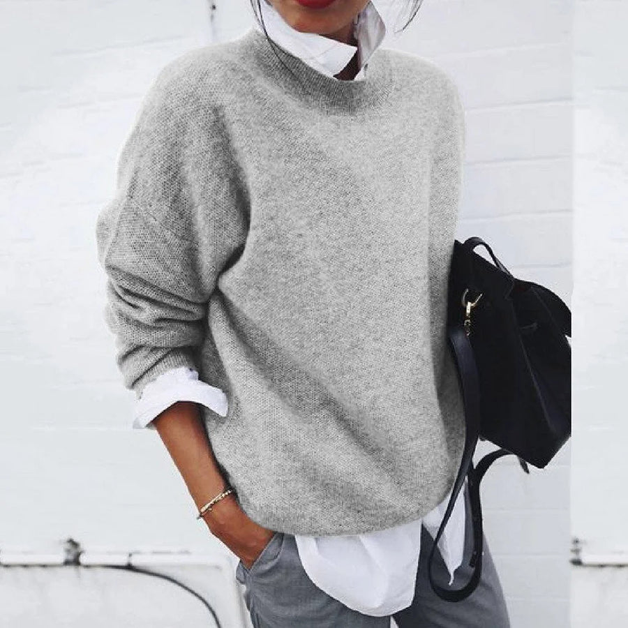 Roslyn relaxed crew neck sweater in Gray, worn