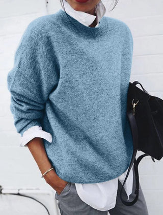 Roslyn relaxed crew neck sweater in Blue, worn