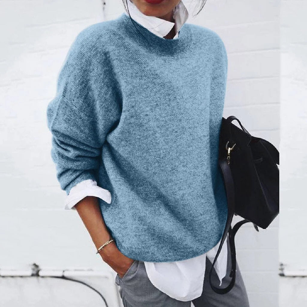 Roslyn relaxed crew neck sweater in Blue, worn