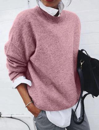 Roslyn relaxed crew neck sweater in Pink, worn