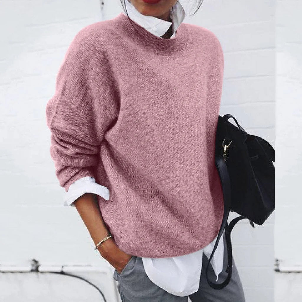 Roslyn relaxed crew neck sweater in Pink, worn