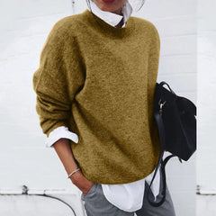 Roslyn relaxed crew neck sweater in Khaki, worn