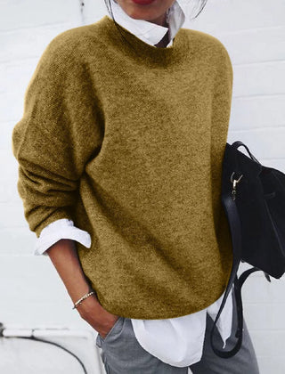 Roslyn relaxed crew neck sweater in Khaki, worn