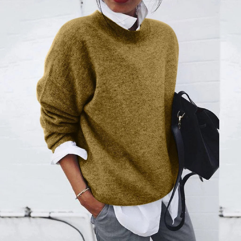 Roslyn relaxed crew neck sweater in Khaki, worn