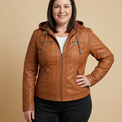 Hooded Moto Zip Jacket worn by a woman with curves