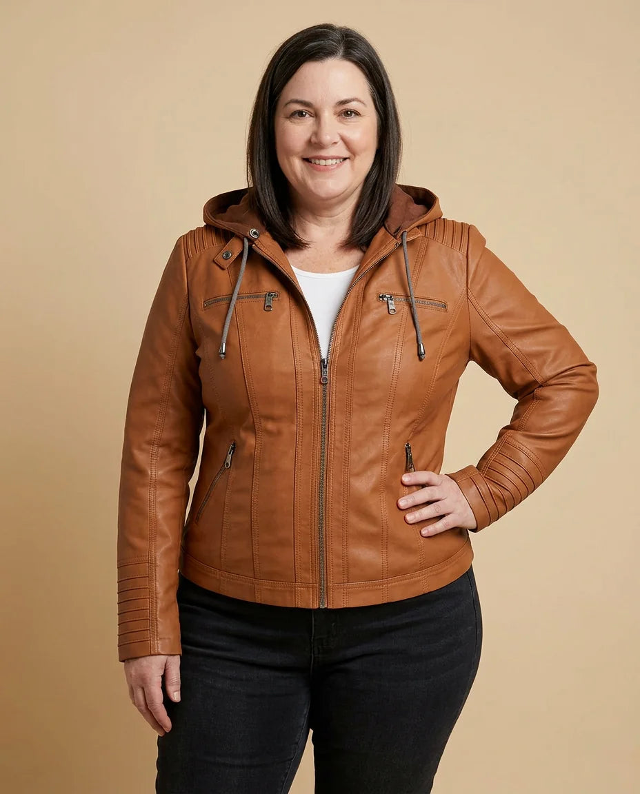 Hooded Moto Zip Jacket worn by a woman with curves