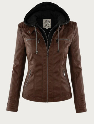 Hooded Moto Zip Jacket in Dark Brown