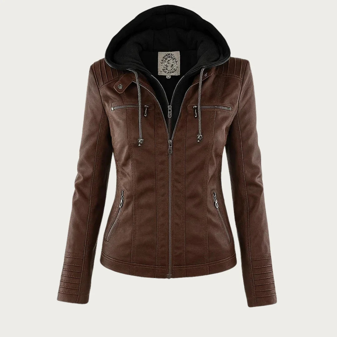 Hooded Moto Zip Jacket in Dark Brown