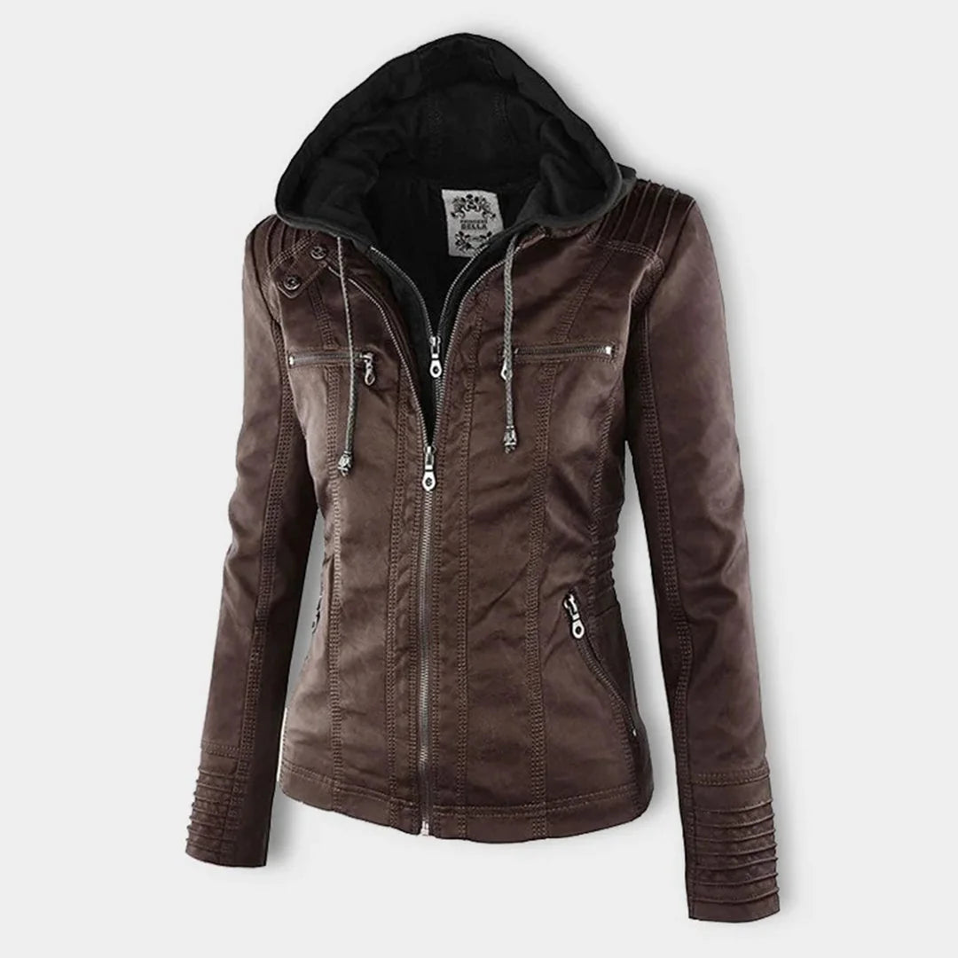 Hooded Moto Zip Jacket in Dark Brown
