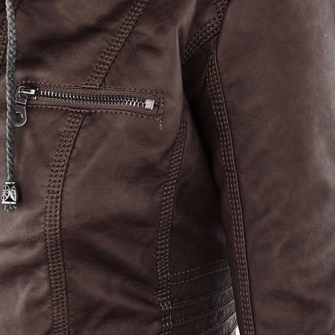 Hooded Moto Zip Jacket in Dark Brown