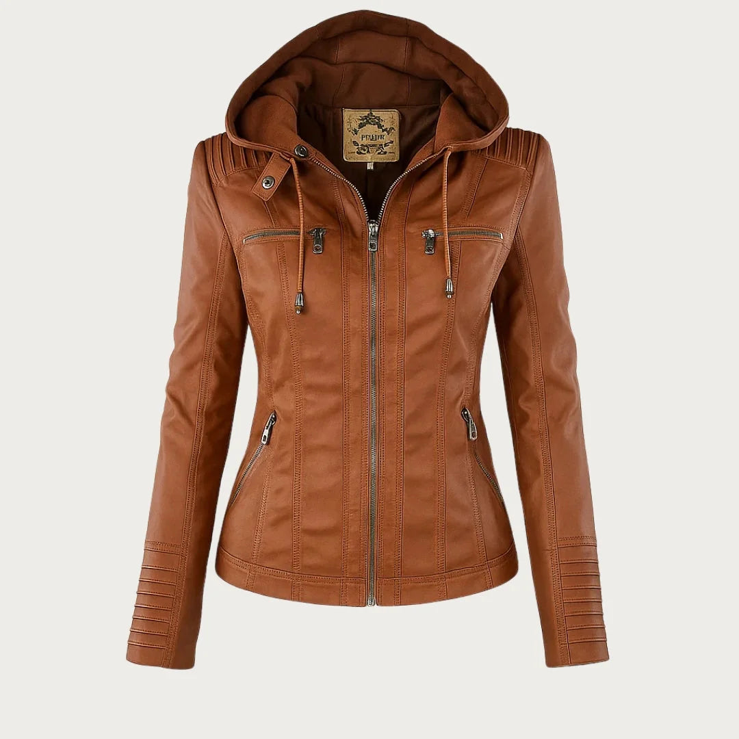 Hooded Moto Zip Jacket in Tan