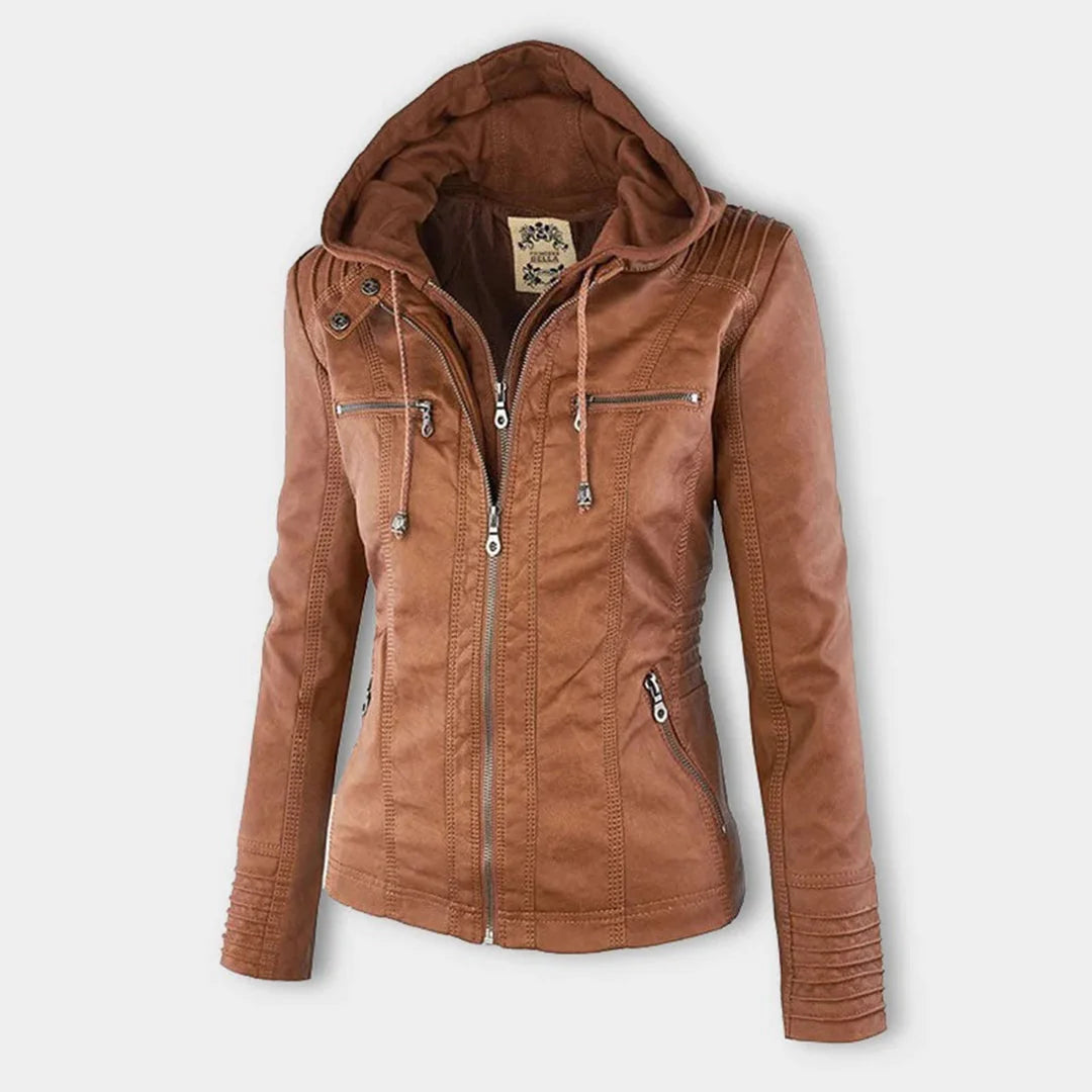 Hooded Moto Zip Jacket in Tan