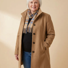 Stand Collar Button Coat worn by a woman with curves