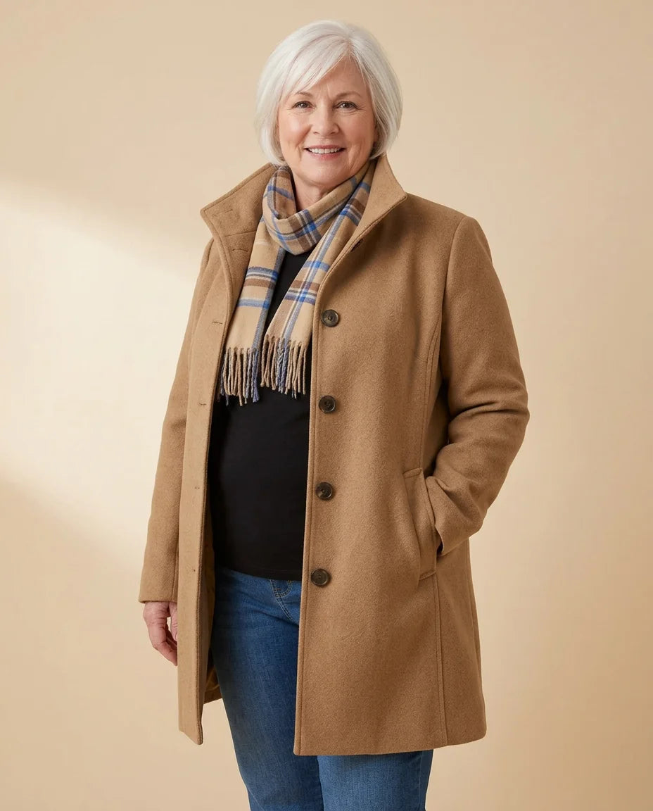 Stand Collar Button Coat worn by a woman with curves