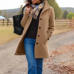 Stand Collar Button Coat in Camel