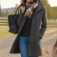 Stand Collar Button Coat in Charcoal