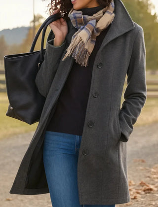 Stand Collar Button Coat in Charcoal