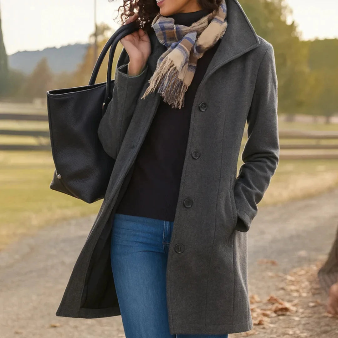 Stand Collar Button Coat in Charcoal