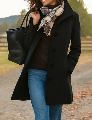 Stand Collar Button Coat in Black