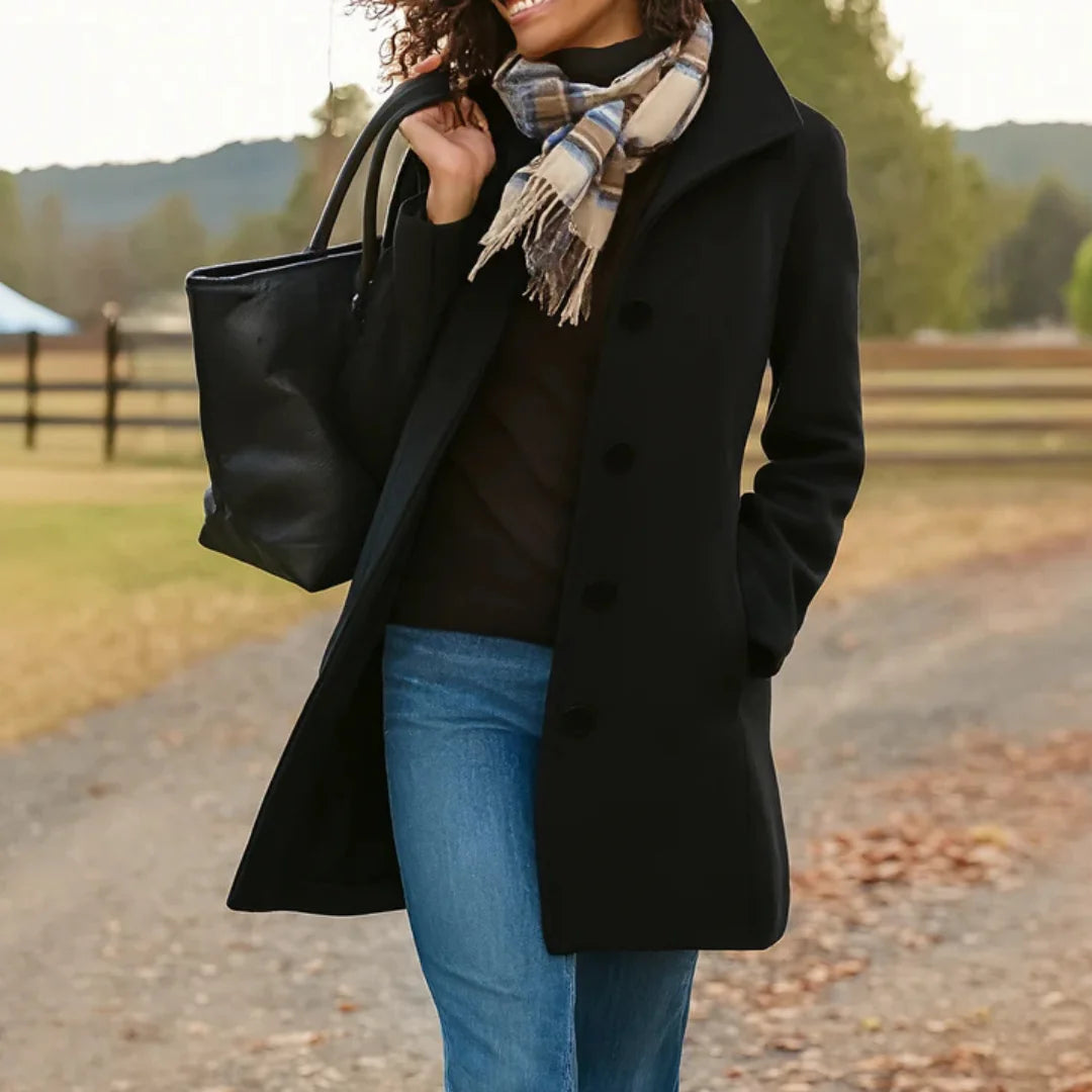 Stand Collar Button Coat in Black