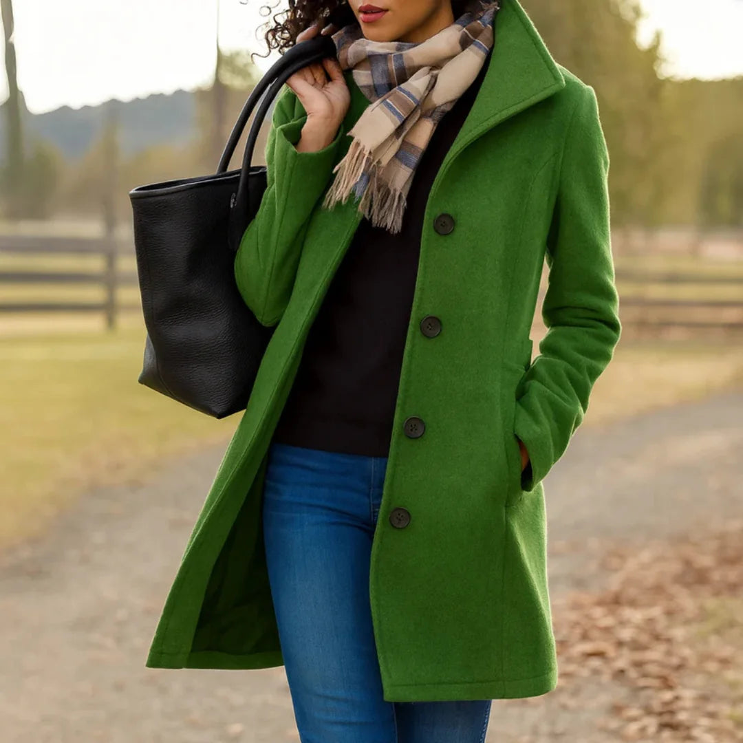 Stand Collar Button Coat in Green