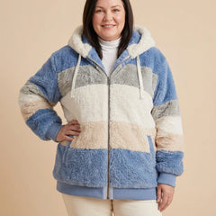 Colorblock Fuzzy Hooded Zip Jacket worn by a woman with curves