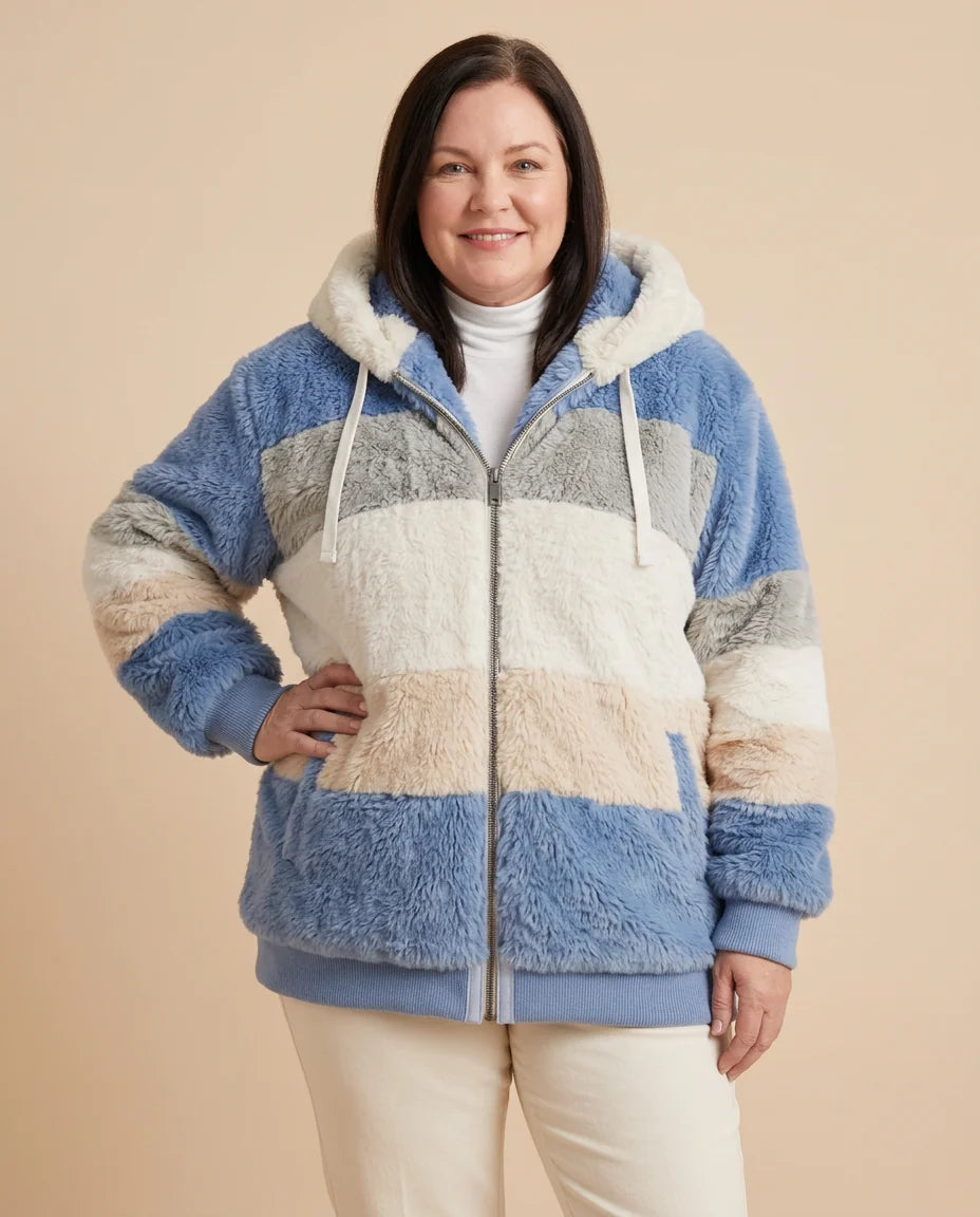 Colorblock Fuzzy Hooded Zip Jacket worn by a woman with curves