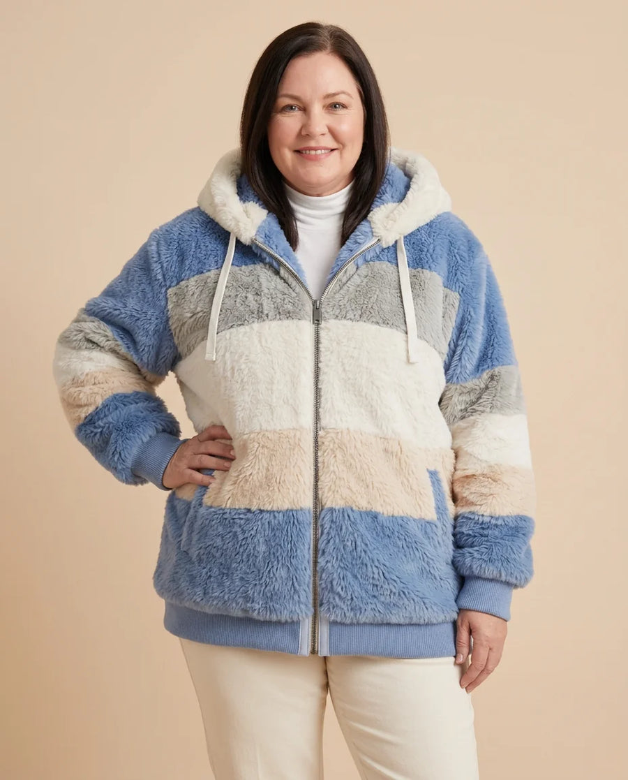Colorblock Fuzzy Hooded Zip Jacket worn by a woman with curves