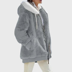 Colorblock Fuzzy Hooded Zip Jacket in Gray