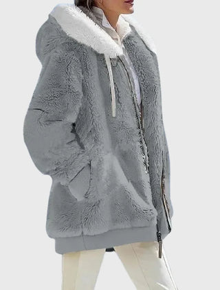 Colorblock Fuzzy Hooded Zip Jacket in Gray