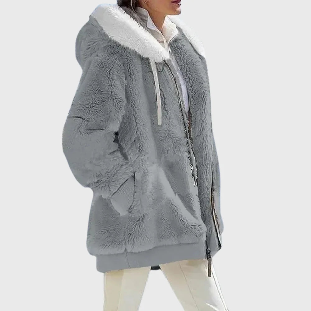 Colorblock Fuzzy Hooded Zip Jacket in Gray