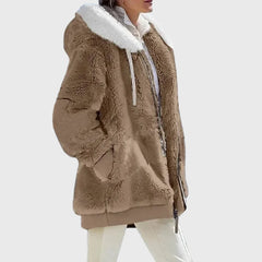 Colorblock Fuzzy Hooded Zip Jacket in Brown