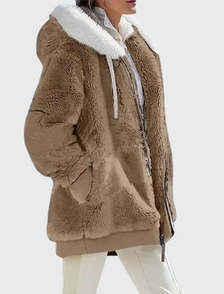 Colorblock Fuzzy Hooded Zip Jacket in Brown