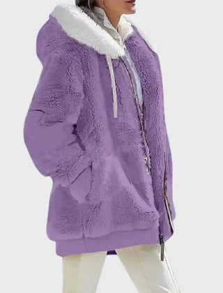 Colorblock Fuzzy Hooded Zip Jacket in Purple