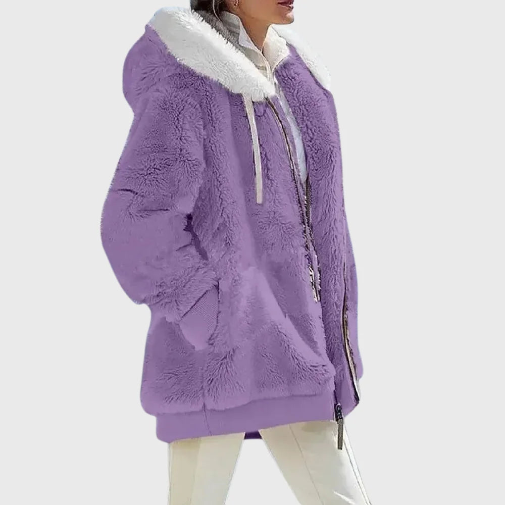 Colorblock Fuzzy Hooded Zip Jacket in Purple