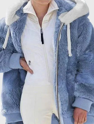 Colorblock Fuzzy Hooded Zip Jacket in Blue