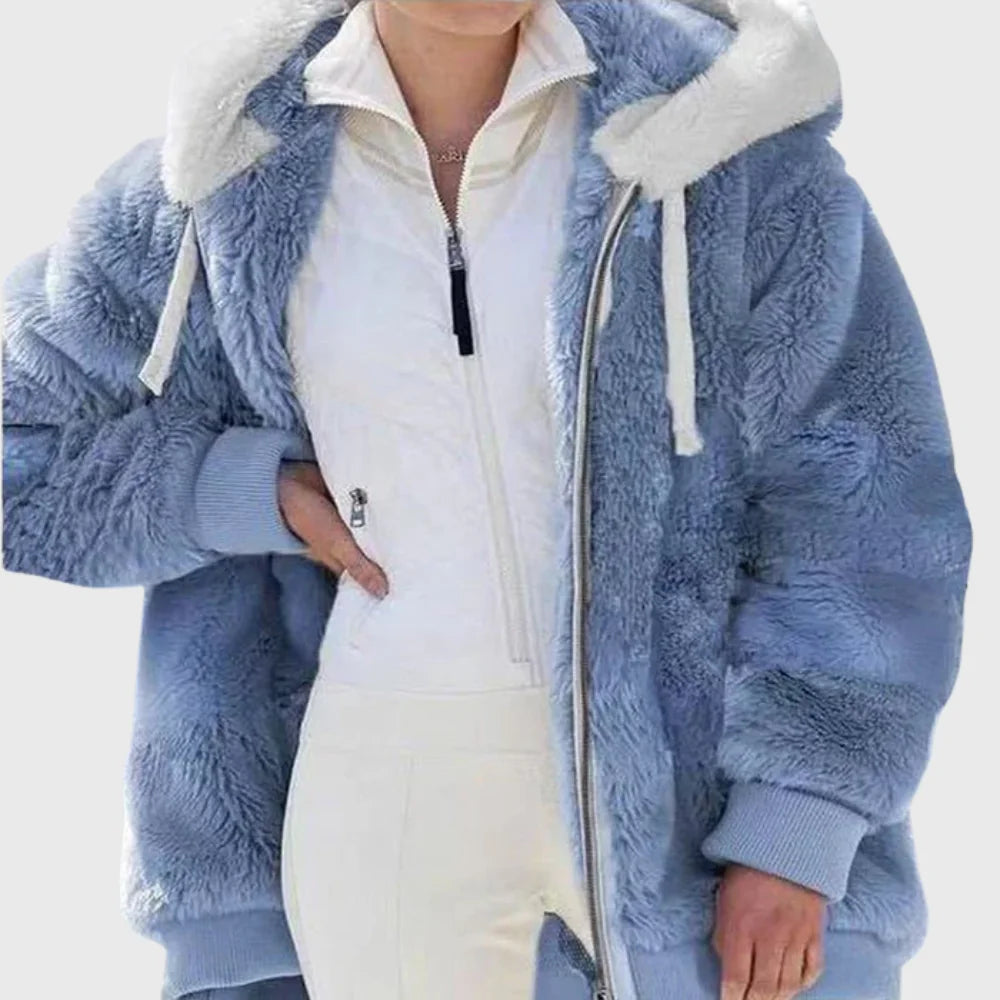 Colorblock Fuzzy Hooded Zip Jacket in Blue
