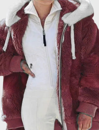 Colorblock Fuzzy Hooded Zip Jacket in Red