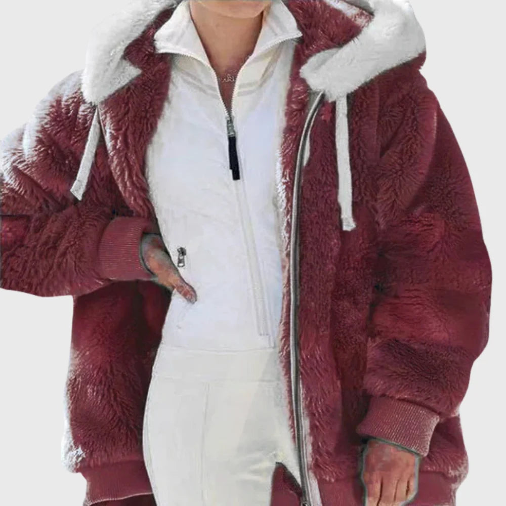 Colorblock Fuzzy Hooded Zip Jacket in Red