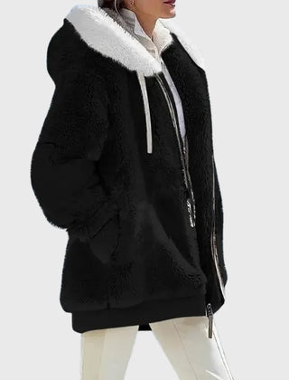 Colorblock Fuzzy Hooded Zip Jacket in Black