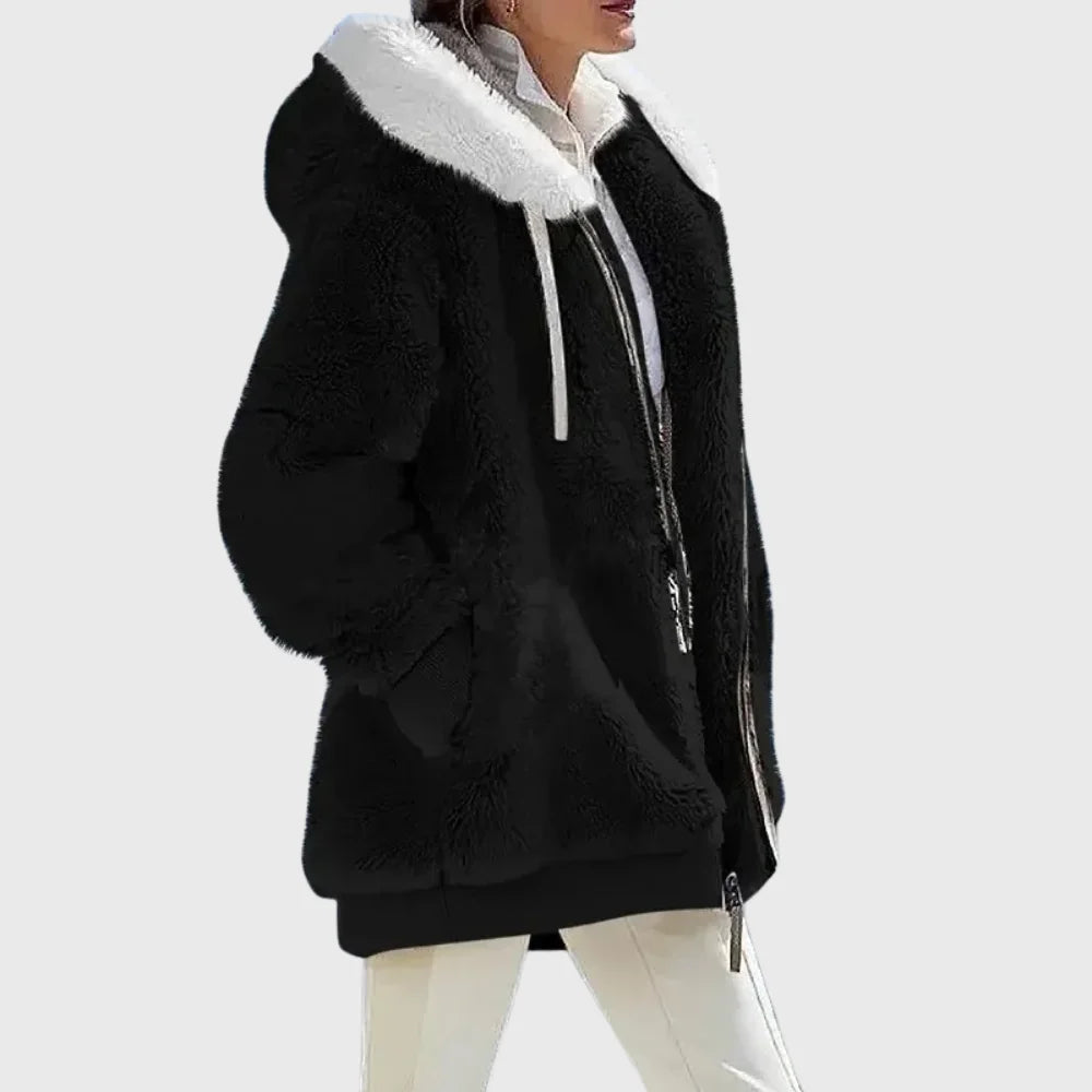 Colorblock Fuzzy Hooded Zip Jacket in Black