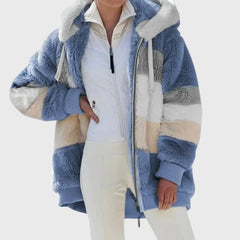 Colorblock Fuzzy Hooded Zip Jacket in Blue Stripes