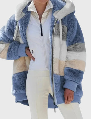 Colorblock Fuzzy Hooded Zip Jacket in Blue Stripes