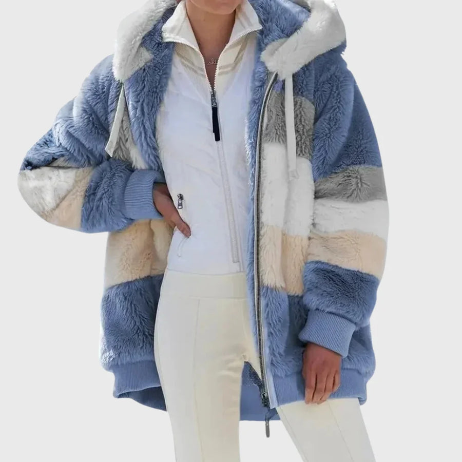 Colorblock Fuzzy Hooded Zip Jacket in Blue Stripes