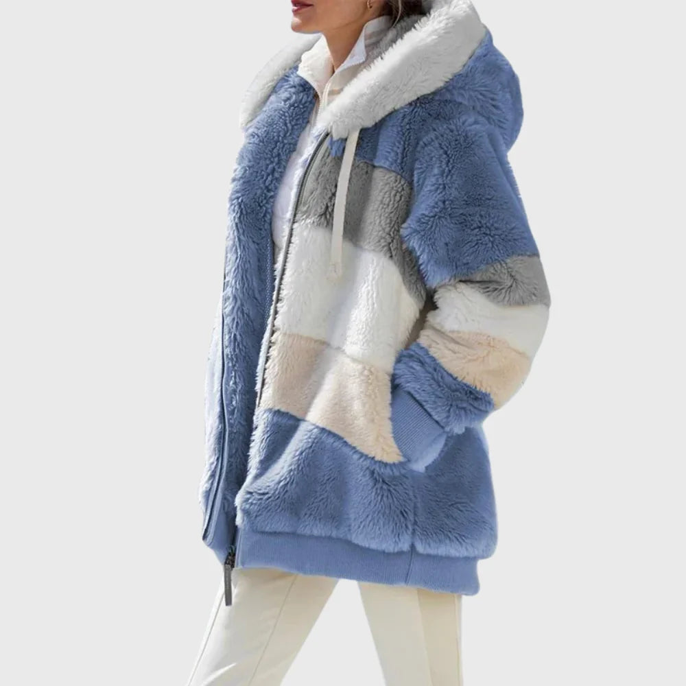 Colorblock Fuzzy Hooded Zip Jacket in Blue Stripes