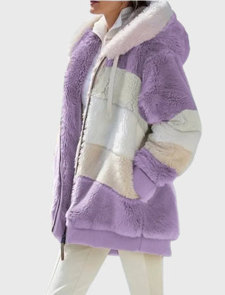 Colorblock Fuzzy Hooded Zip Jacket in Purple Stripes