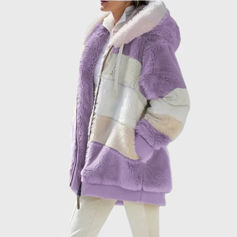 Colorblock Fuzzy Hooded Zip Jacket in Purple Stripes