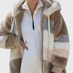 Colorblock Fuzzy Hooded Zip Jacket in Brown Stripes