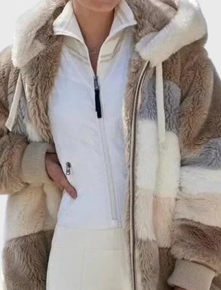 Colorblock Fuzzy Hooded Zip Jacket in Brown Stripes