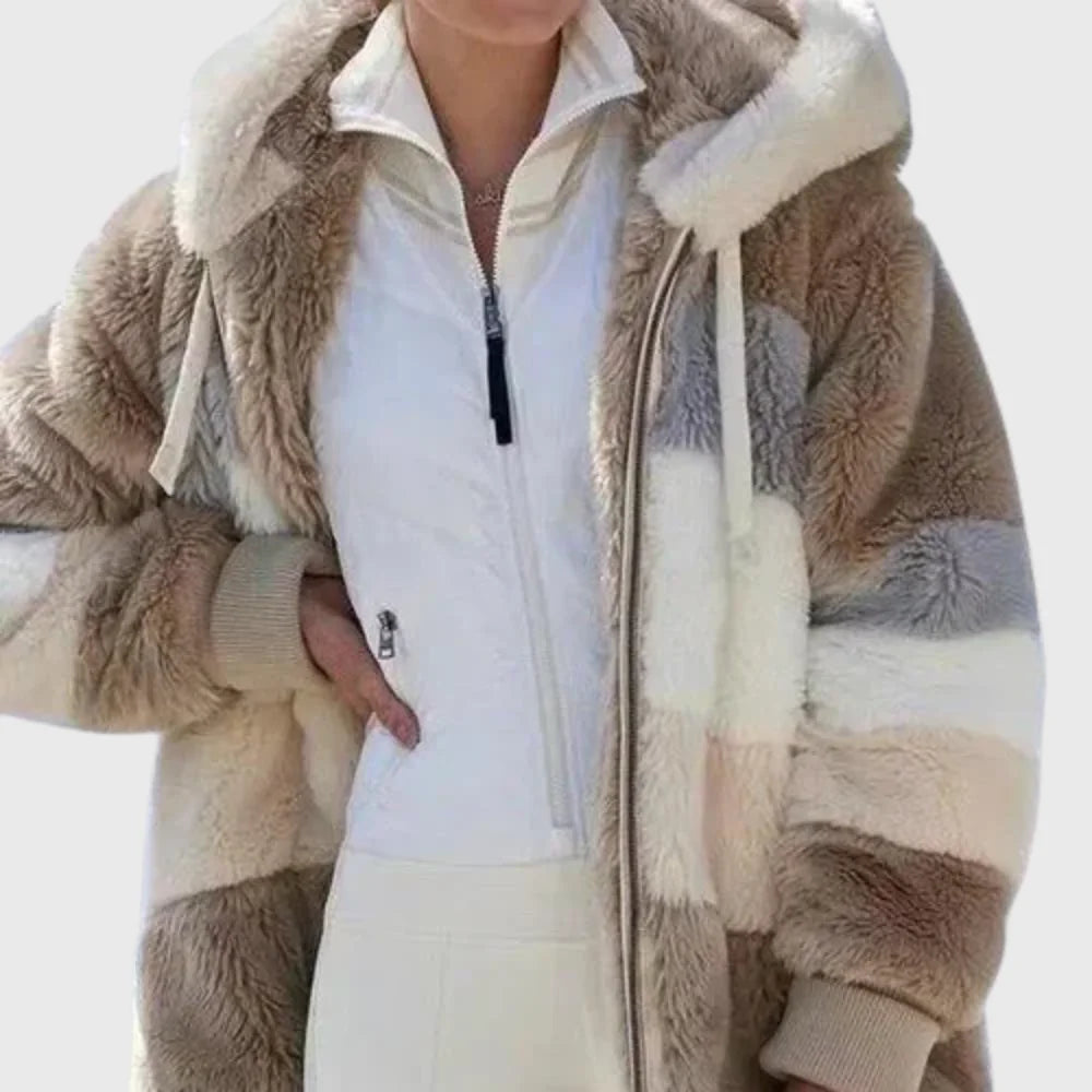 Colorblock Fuzzy Hooded Zip Jacket in Brown Stripes